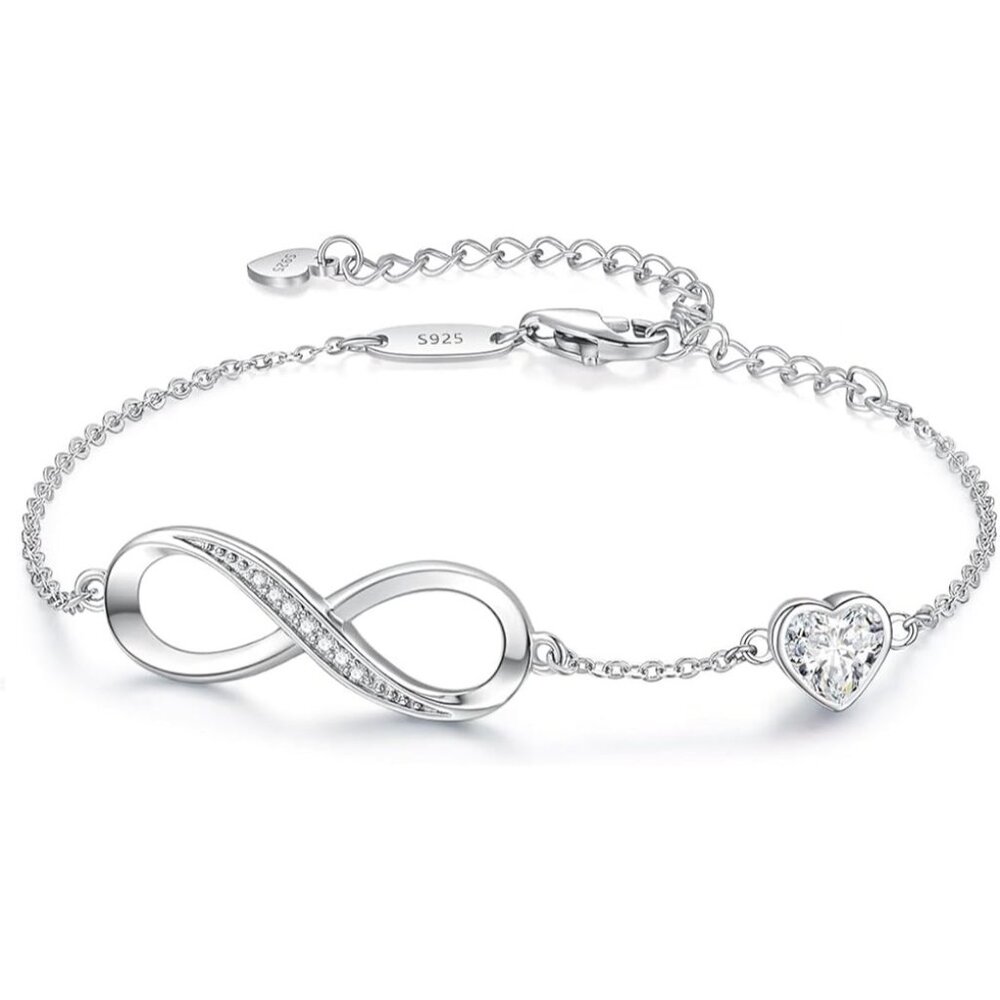Infinity Heart Birthstone Link Bracelet - Silver April